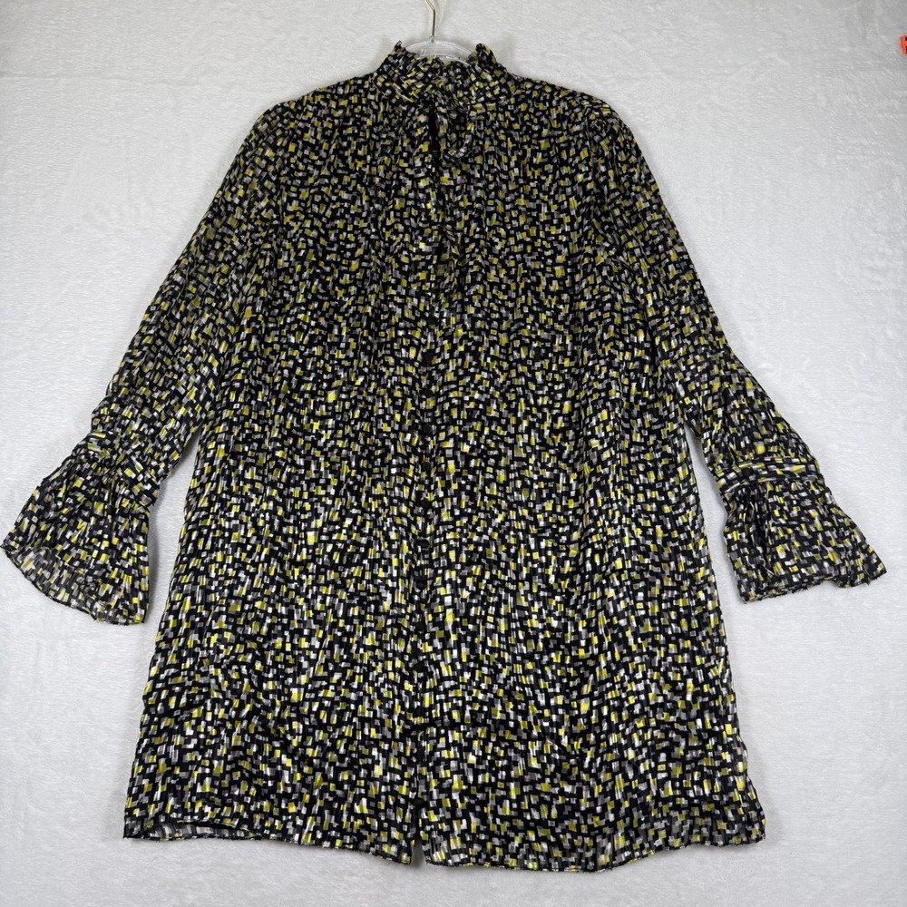 Alice + Olivia Yellow Black Geometric‎ Ruffle Neck Tie Mini Dress Tunic Size M